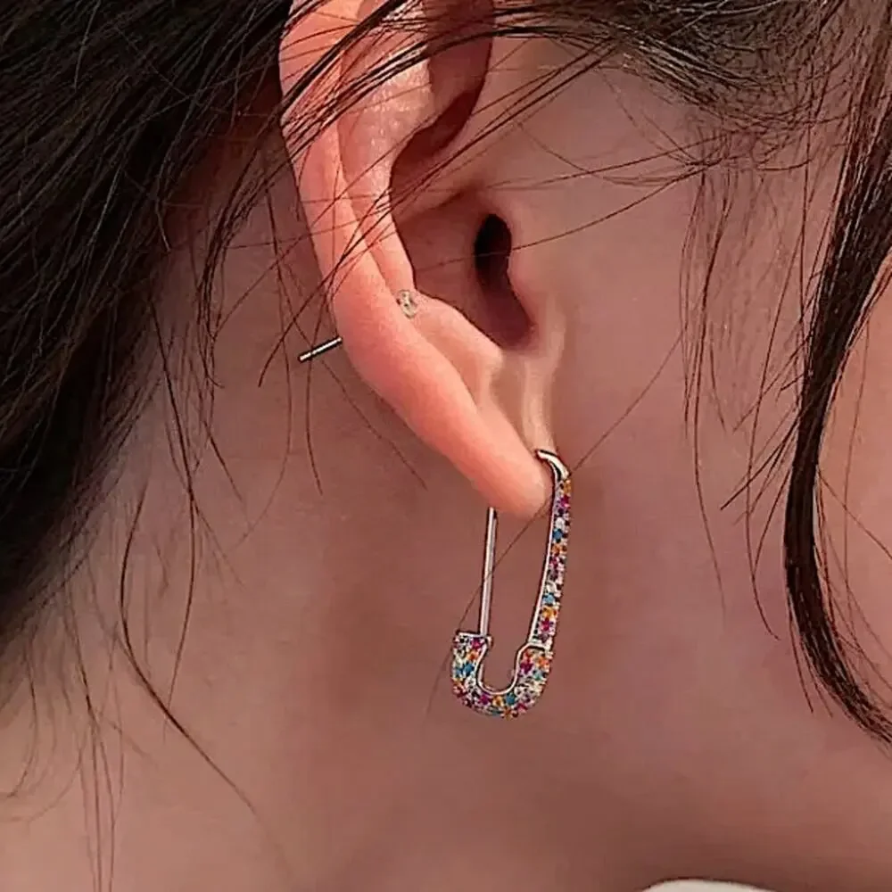 Silver Multicolor Rhinestone Safety-pin Earring, Minimalist, Punk